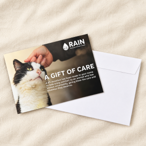 A Gift of Care donation card from RAIN supporting animals in need